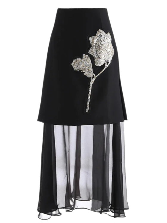 Black Beaded Silver Flower Embellished Skirt