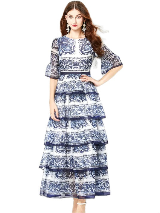 Navy and White Ruffled Long Dress