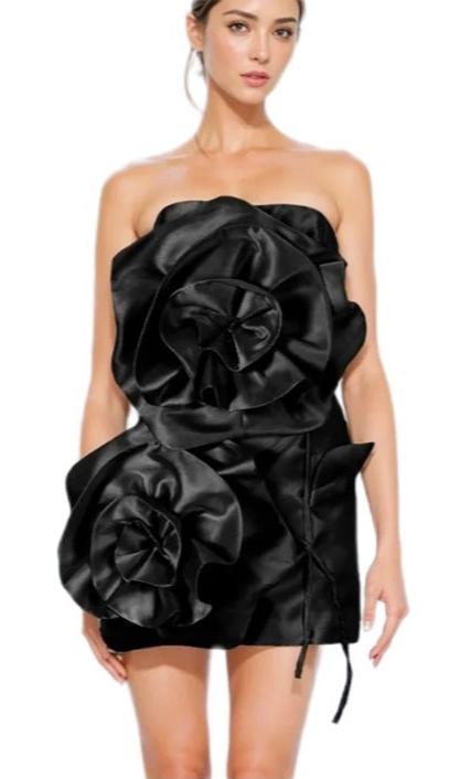 Black 3D Flower Mini Dress