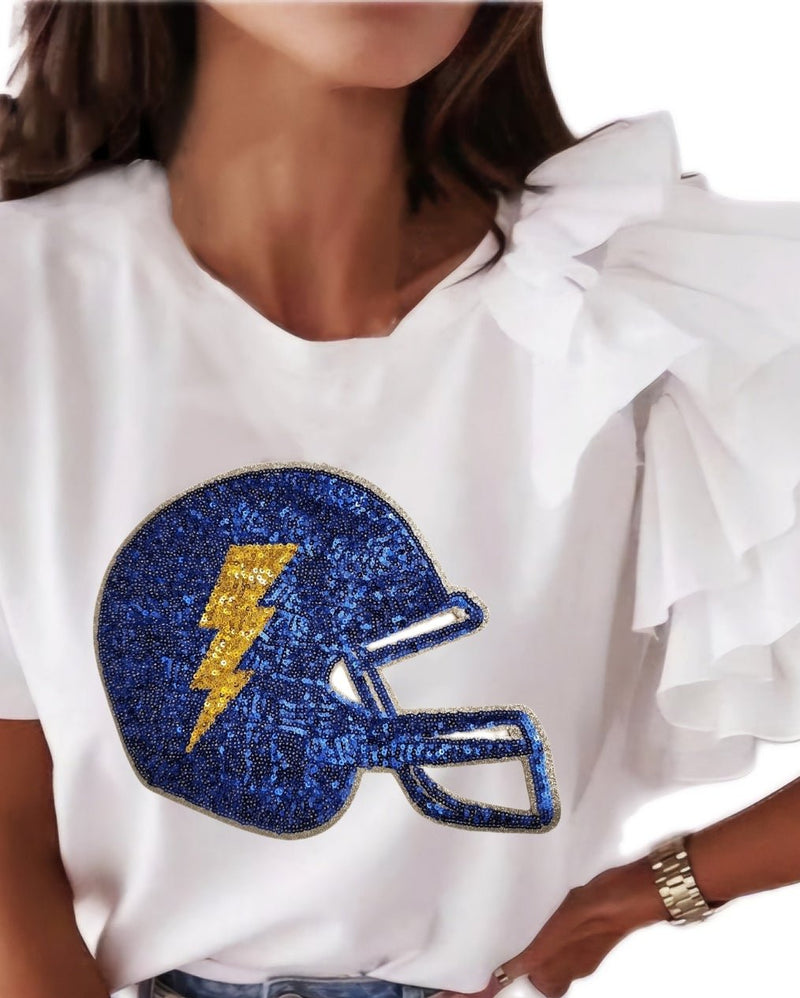 Blue and Gold Sequin Football Helmet Ruffle Sleeve Shirt