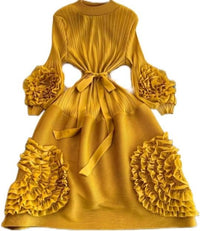 Yellow Long Sleeve 3D Flower Dress