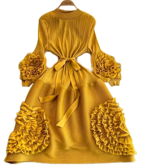 Yellow Long Sleeve 3D Flower Dress