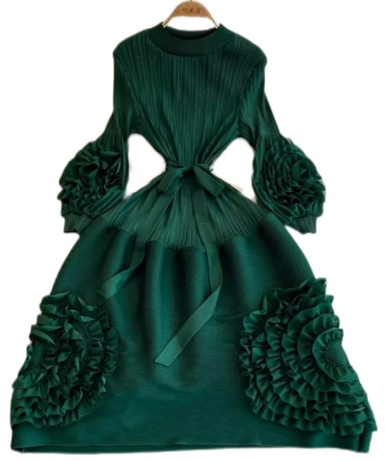 Green Long Sleeve 3D Flower Dress