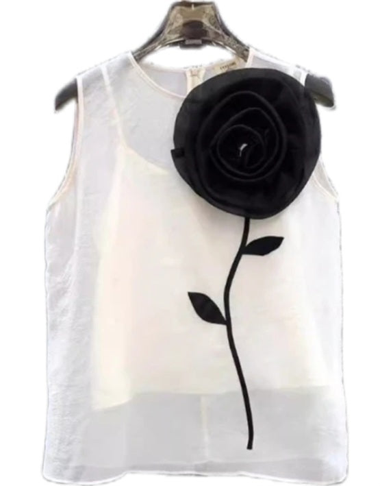 Black and White 3D Flower Sleeveless Blouse