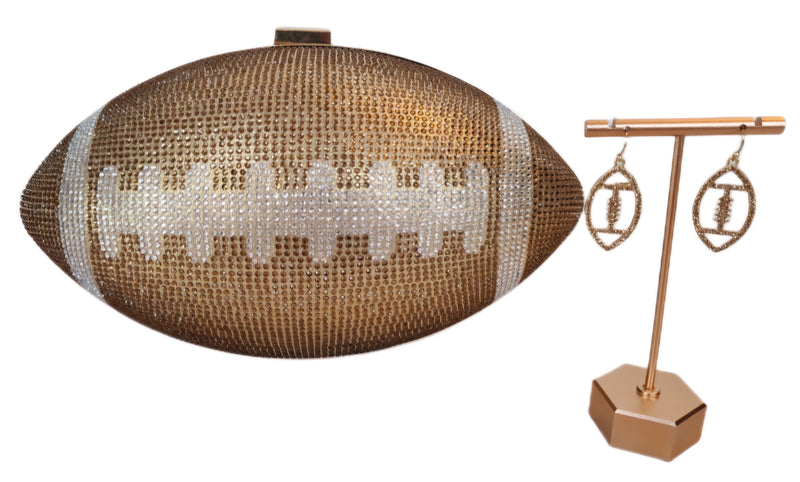 Gold Crystal Football Clutch Purse and Earrings