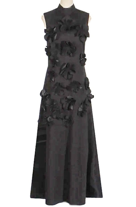 Sleeveless Long Black 3D Flower Dress