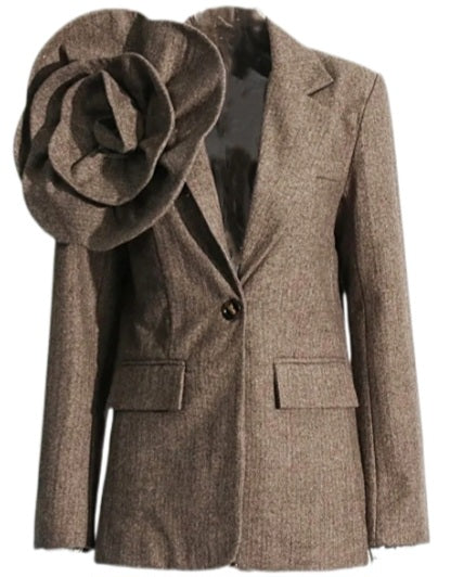 Brown Tweed Jacket with 3D Flower