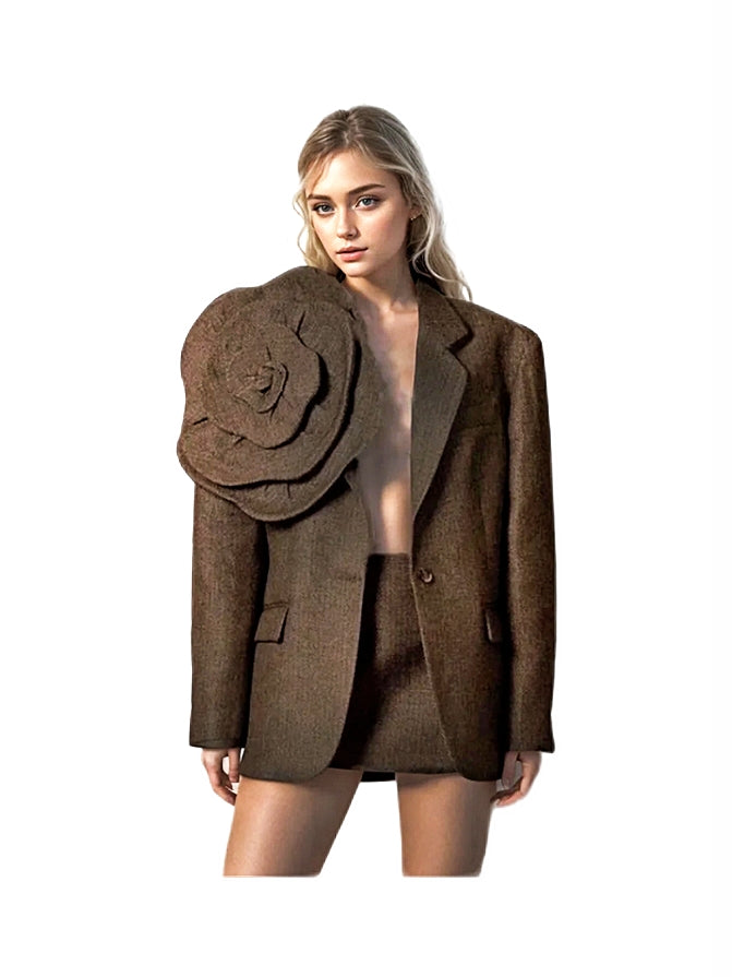 Brown Tweed Jacket with 3D Flower