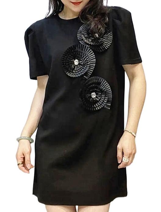 Black 3D Spiral Flower Mini Dress