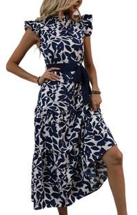 Navy and White Print Maxi Dress