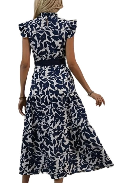 Navy and White Print Maxi Dress