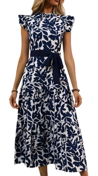 Navy and White Print Maxi Dress