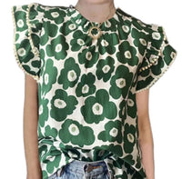 Green and White Print Ruffle Sleeveless Shirt