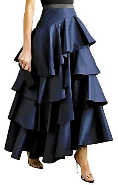 Long Navy Ruffle Tiered Skirt