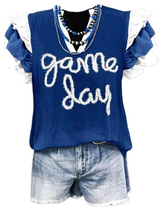 Blue and White Game Day Ruffle Sleeve Shirt