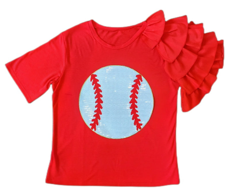 Red Sequin Baseball Ruffle Sleeve T-shirt