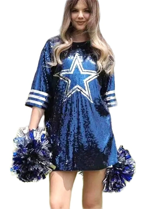 Dallas Cowboys Blue Sequin Oversized Shirt Dress