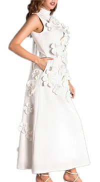 White 3D Flower Sleeveless Maxi Dress