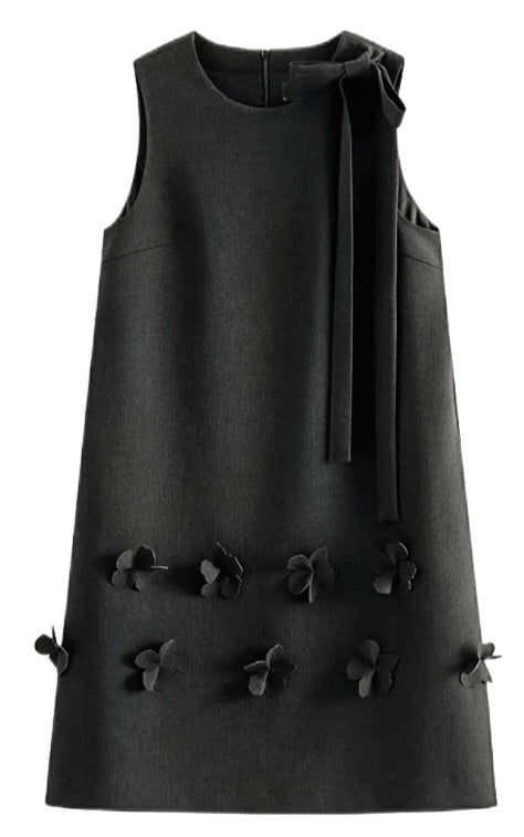 Black 3D Flower Sleeveless Knee Length Dress