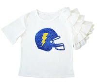 Blue and Gold Sequin Football Helmet Ruffle Sleeve Shirt