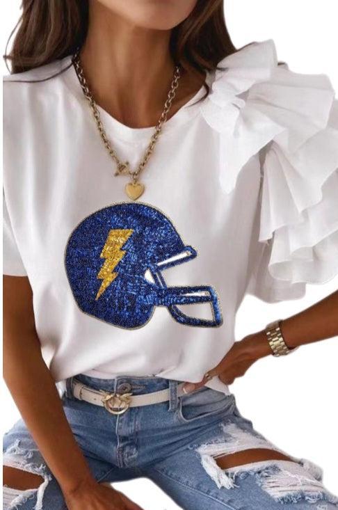 Blue and Gold Sequin Football Helmet Ruffle Sleeve Shirt