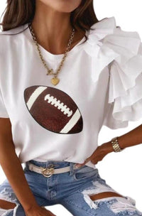 White Sequin Football Ruffle Sleeve Shirt