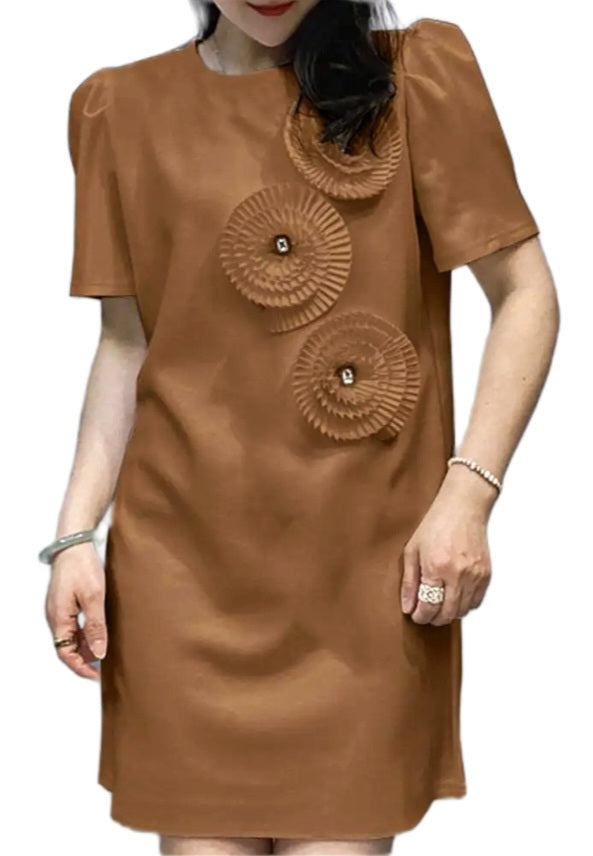 Tan 3D Spiral Flower Mini Dress