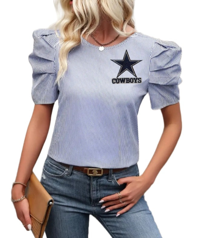 Dallas Cowboys Ruffle Sleeve Striped Blouse