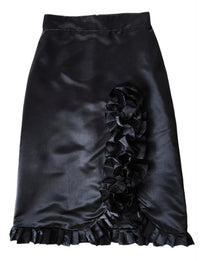 Black Satin Long Ruffle Skirt