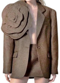 Brown Herringbone 3D Flower Blazer and Mini Skirt