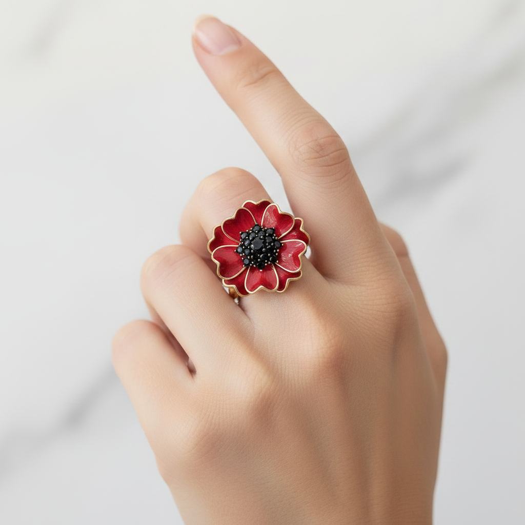Sterling Silver Red and Black Flower Ring