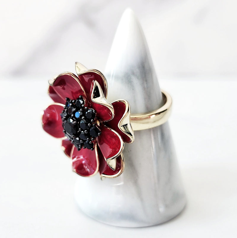 Sterling Silver Red and Black Flower Ring