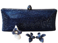 Navy Crystal Clutch, Sterling Silver Flower Ring and Earrings