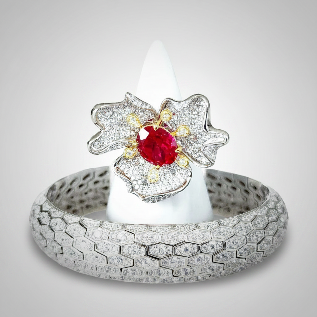 Sterling Silver Single Flower Ring and Cuff Bracelet