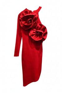 Red 3D Flower One Shoulder Dress