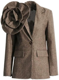 Brown Herringbone Detachable 3D Flower Blazer