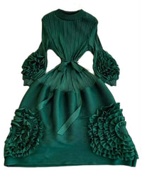 Green Long Sleeve 3D Flower Dress