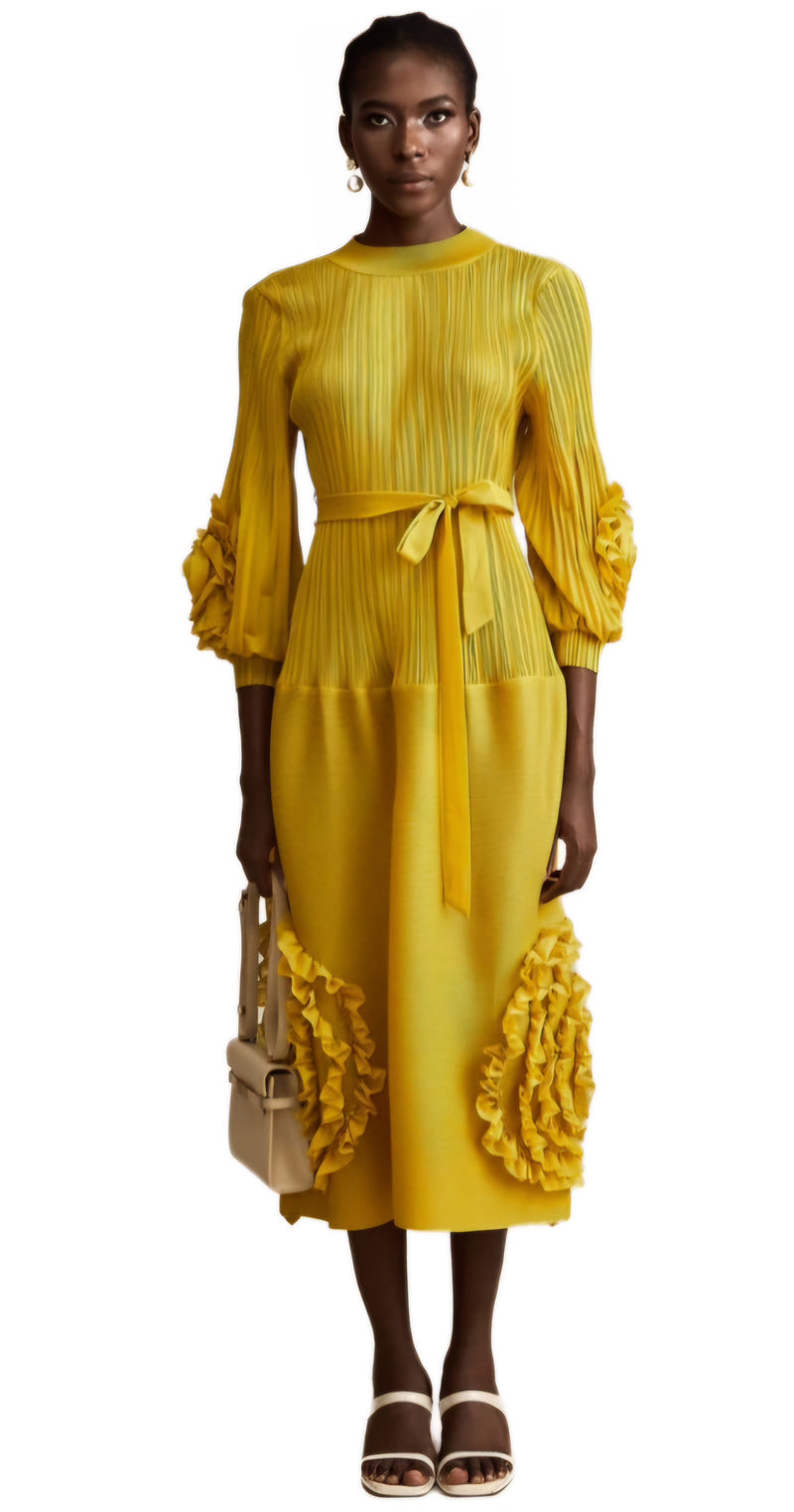 Yellow Long Sleeve 3D Flower Dress