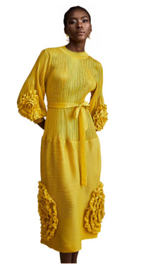 Yellow Long Sleeve 3D Flower Dress