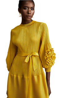 Yellow Long Sleeve 3D Flower Dress