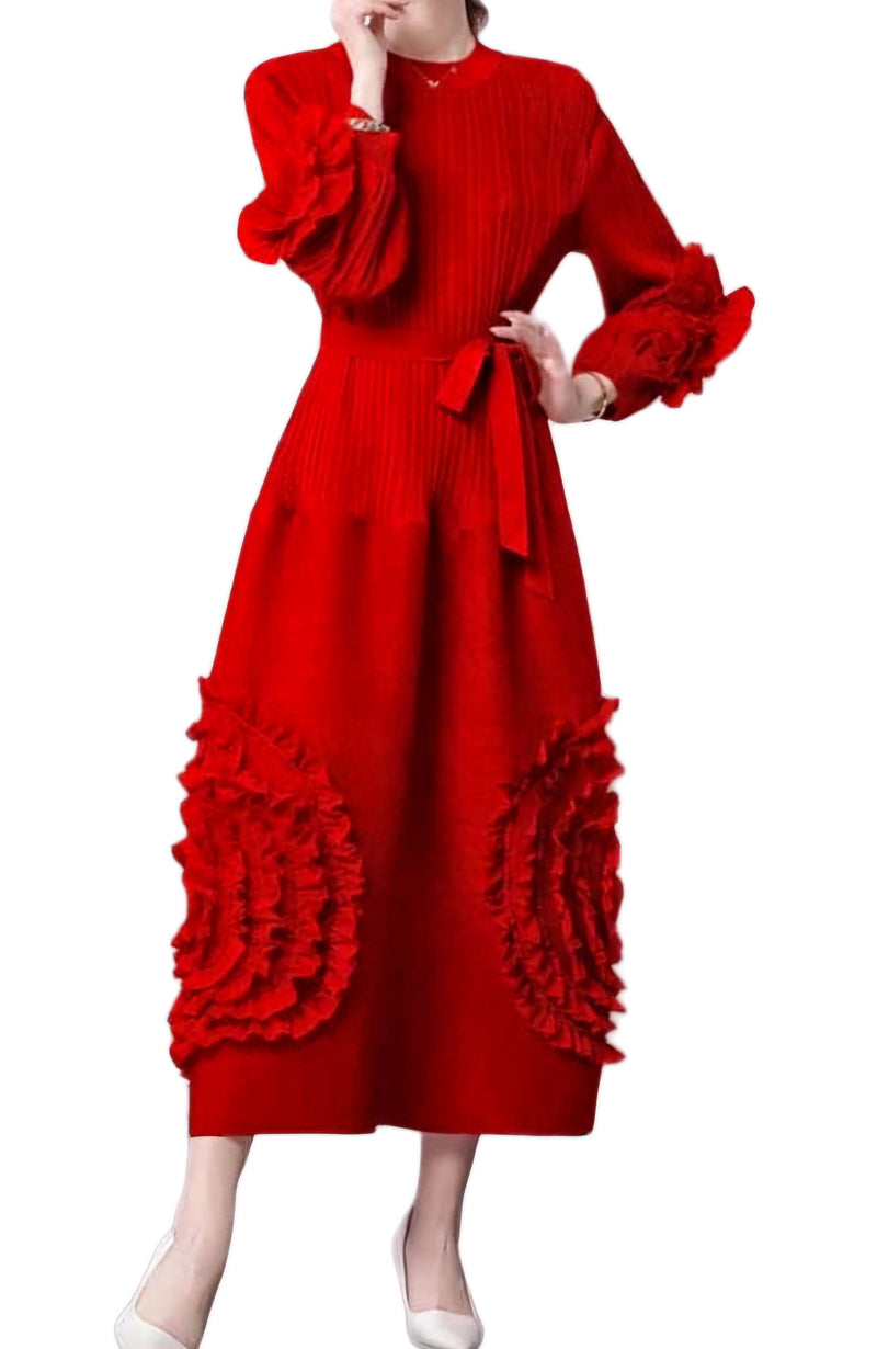 Red 3D Flower Long Sleeve Dress