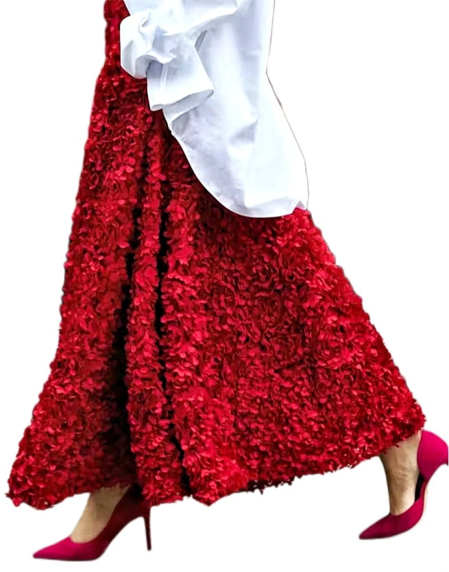 Red 3D Flower Full Length Skirt