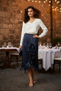 Black Satin Long Ruffle Skirt
