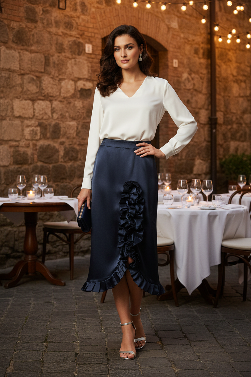 Black Satin Long Ruffle Skirt