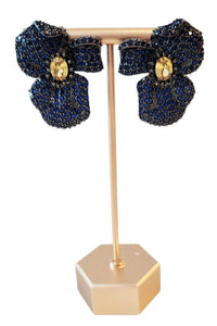 Navy and Yellow Crystal Flower  Earrings