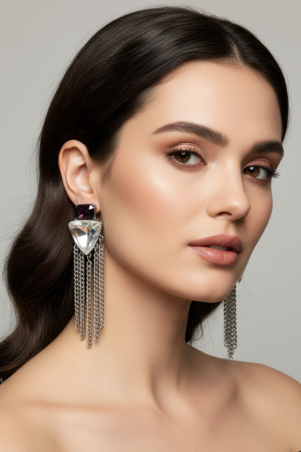 Crystal Silver and Purple Fringe Drop Earrings