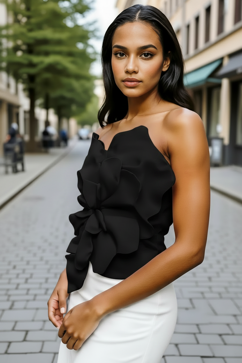 Black 3D Flower Tube Top