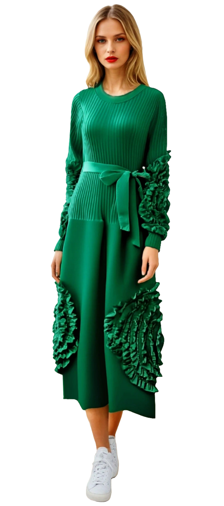 Green Long Sleeve 3D Flower Dress