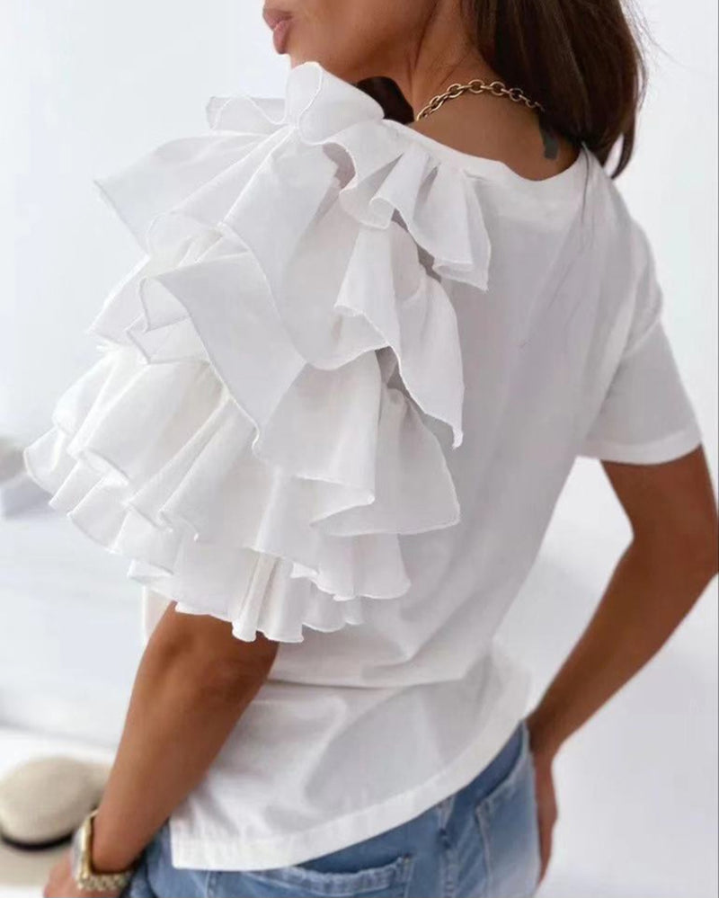 White Sequin Football Ruffle Sleeve Shirt