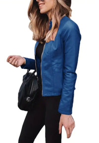 Blue Faux Leather Biker Jacket